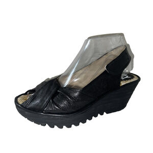 Fly London 37 6.5-7 Yakin Sandal Black Leather Slingback Platform Wedge Chunky